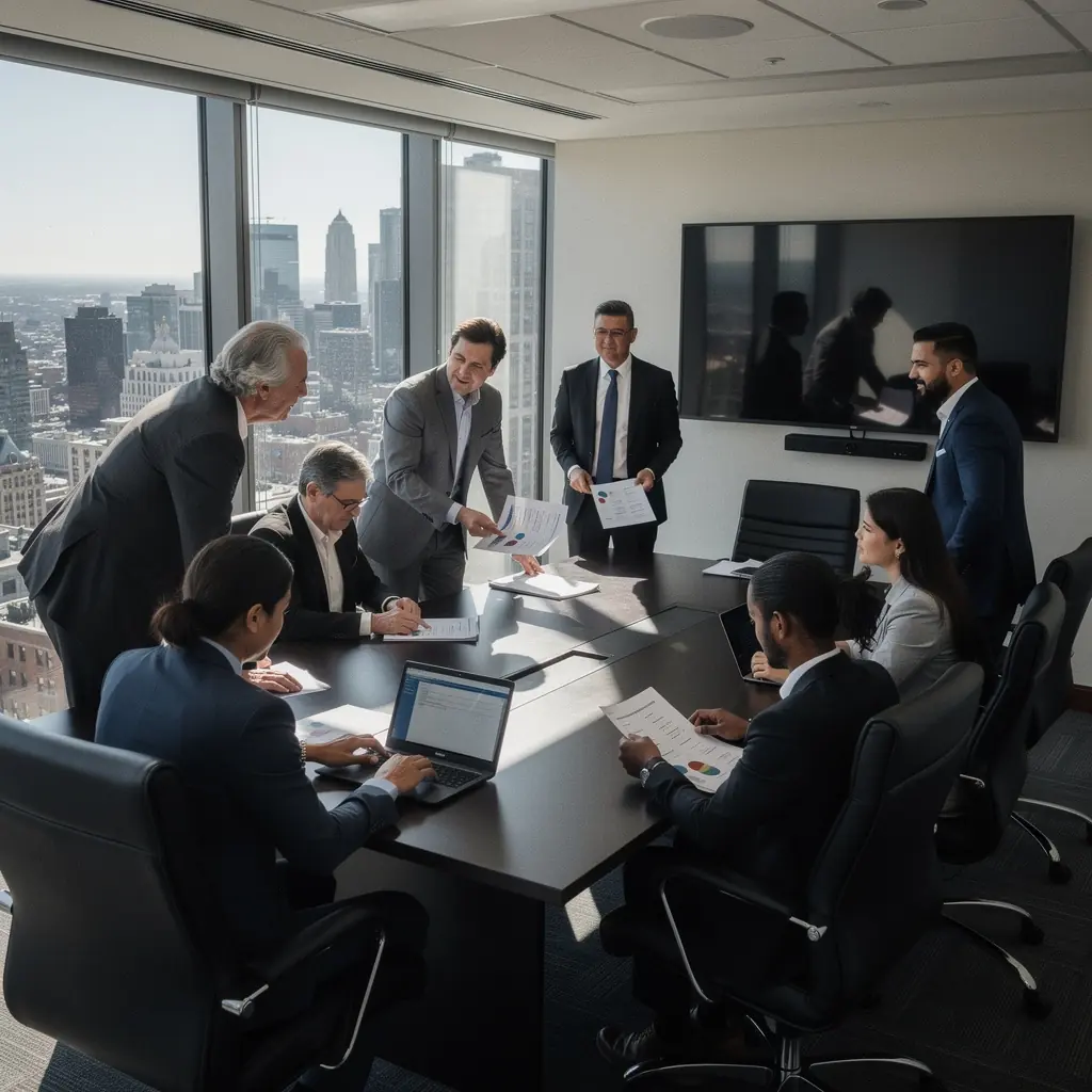 Großer Besprechungsraum mit runden Tischen und bequemen Stühlen für Teamarbeit.