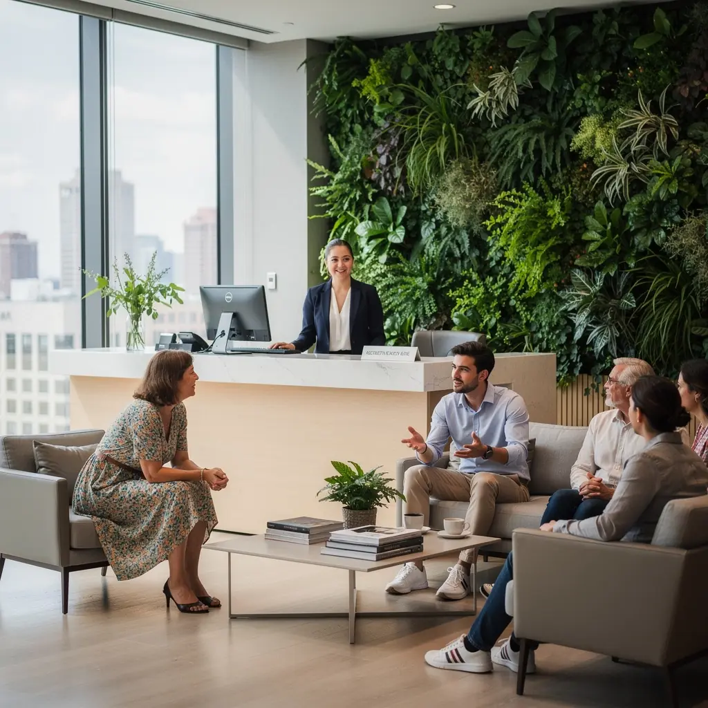 Gemütliche Lounge-Ecke mit Pflanzen und gemütlichen Sitzgelegenheiten für Gäste.
