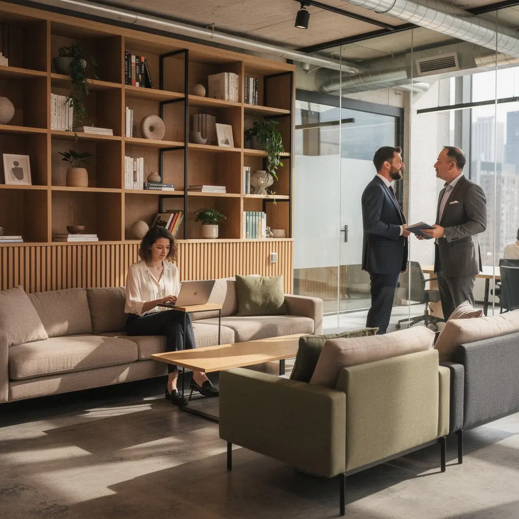 Elegante Empfangstheke mit freundlichem Personal und informativen Displays.